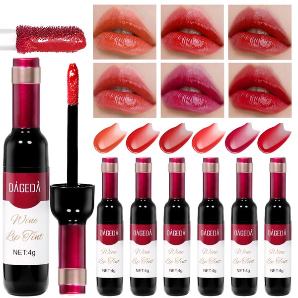DAGEDA 6Pcs Wine Lip Tint, Lip Tint Stain Set Waterproof Wine Lip Stain Set, Liquid Wine Bottle Lip Gloss, Non-stick Cup Lip Makeup Kit for Girls Women (D Set)