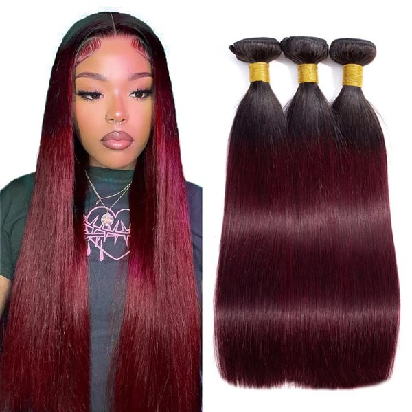 Burgundy Bundles Human Hair Ombre Straight Bundles Peruvian 1B99J Bundles Remy Hair Unprocessed Virgin Hair 3 Bundles 14 16 18 Inch Burgundy Straight Bundles Hair Extensions 300g