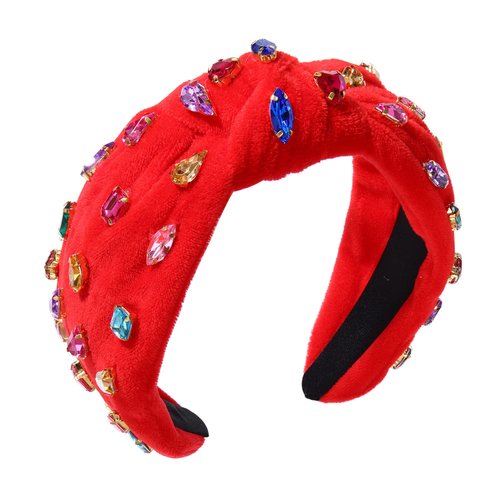 Jeweled Knotted Headband for Women Crystal Embellished Soft Flannel Hairband Women's Fashion Headbands Hair Accessories (Red)