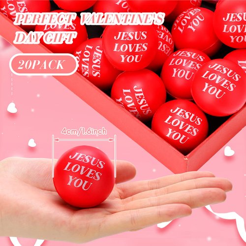 20 Pcs Jesus Loves You Stress Balls Red Stress Relieve Toys Valentines Party Favor Foam Bouncy Balls Bulk Fidget Balls for Valentine Party Bag Gift Fillers Stocking Stuffers, 1.57 Inch