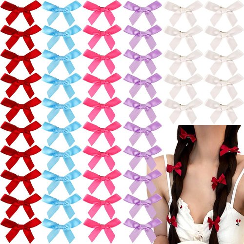 50Pcs Hair Clips with Bows - Bowknot Ribbon Barrettes for Girls and Women in Rose Red, Purple, Blue, White, and Red