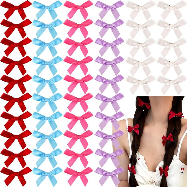 50Pcs Hair Clips with Bows - Bowknot Ribbon Barrettes for Girls and Women in Rose Red, Purple, Blue, White, and Red