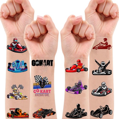 100 PCS Go Kart Car Temporary Tattoos Themed Birthday Party Decorations Favors Supplies Decor Karts Race Car Checkered Flag Racing Tattoo Stickers Gifts For Game Boys Girls Classroom School Prizes