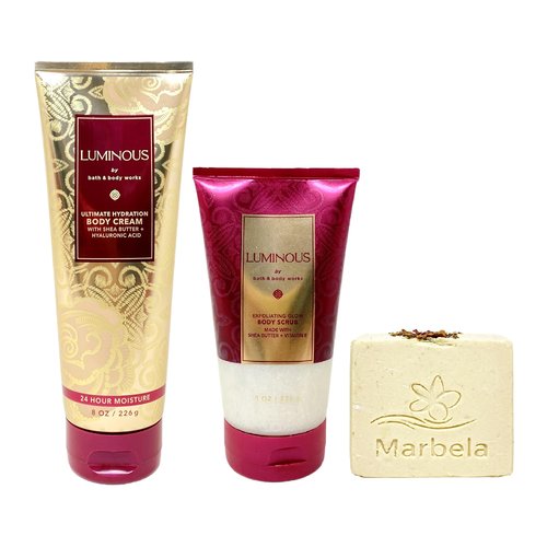 Bath & Body Works Luminous Body Cream and Body Scrub Gift Set with a Creamy Rose Bar Soap - Full Size