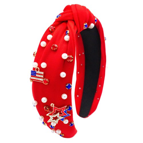 Ronglry 4th of July Headband for Women Patriotic American Flag Headband Red White and Blue Headband Crystal Heart USA Knotted Wide Headbands Independence Day 4th of July Accessories Gifts-Red