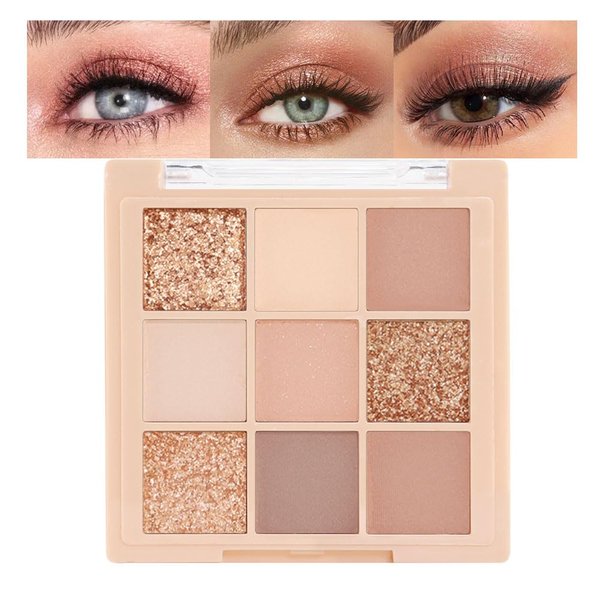 9Colors Nude Pink Gold Brown Eyeshadow Makeup Palette,Matte Shimmer Korean Natural Neutral Hypoallergenic Eye Shadow Palettes Highly Pigmented Naturing-Looking Long Lasting Waterproof Blendable