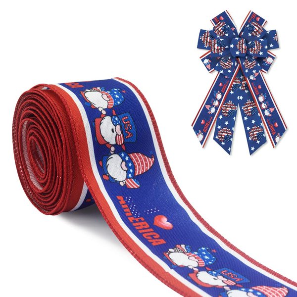 Hying Patriotic 4th of July Ribbon for Wreath Bow Wrapping Gift, USA Blue Gnome Patriotic Ribbon for Gift Wrapping DIY Craft 2.4" X 10 Yards Patriotic Wired Ribbon for 4th of July Decoration Supplies