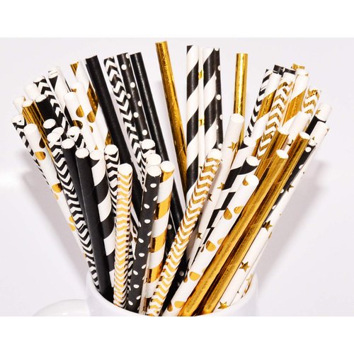 Black and Gold Paper Straws 150 Pieces Birthday Decoration