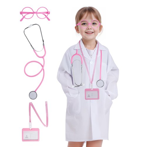 mifengda Kid Doctor Costume with Glasses Stethoscope Lab Coat and ID Card (Pink, Medium)