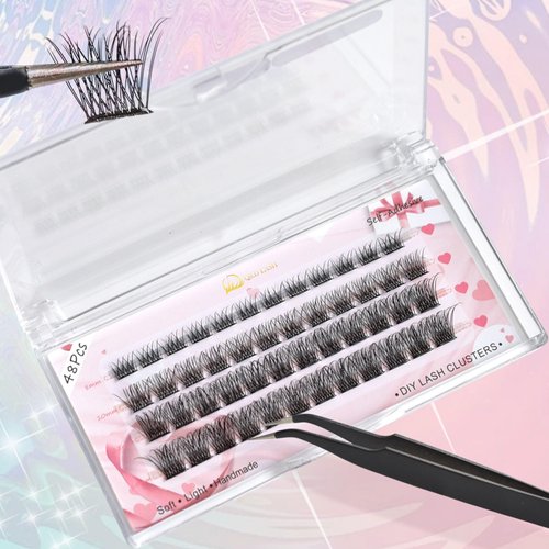 Q&D LASH Cluster Lashes Kit, Self Adhesive Eyelashes D curl 8-14mm Mixed Length No Glue Easy to Apply,including 48 Clusters,1 Applicator DIY Individual Lashes At Home (0.07-D-8-14mm, A4)