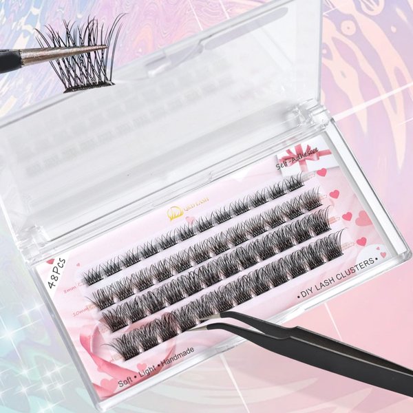 Q&D LASH Cluster Lashes Kit, Self Adhesive Eyelashes D curl 8-14mm Mixed Length No Glue Easy to Apply,including 48 Clusters,1 Applicator DIY Individual Lashes At Home (0.07-D-8-14mm, A4)