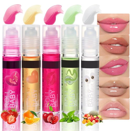 BINGBRUSH Roller Lip Glaze Mirror Lip Gloss, Plumping Magic Mood Lipstick Lip Glaze, High-Shine Clear Lip Stain Lip Balm Lip Care, Longlasting Moisturizing Lip Glow Oil (5Pcs 01#-05#)