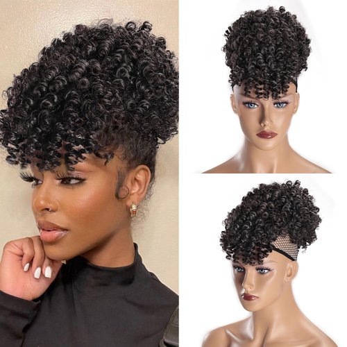 SuyiIRL Afro Puff Drawstring Ponytail with Bangs Drawstring Ponytail for Black Women Kinky Curly Hair Clip in Bangs Short Ponytail Hair Extensions Updo Hairpieces Natural Hair Ponytail