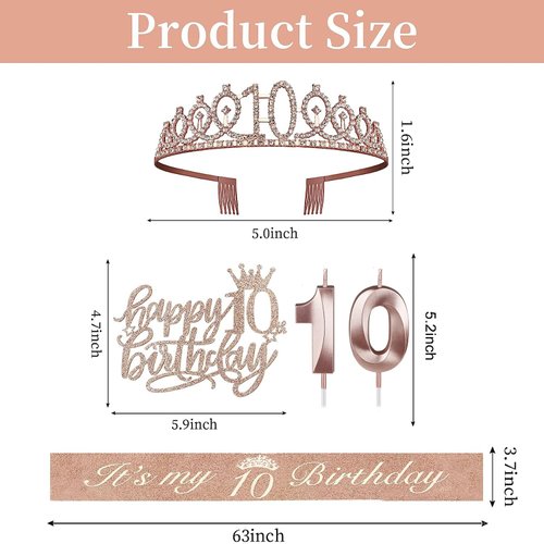 10th Birthday Decorations for Girls,10th Birthday Sash,Crown/Tiara,Candles,Cake Toppers.10th Birthday Gifts for Girls,10 Birthday Decorations for Girls,10 Birthday Party Decorations
