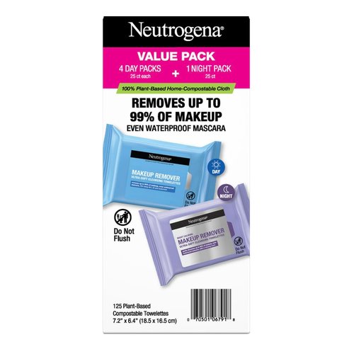 Neutrogena Day & Night Facial Cleansing Wipes, Makeup Remover Face Cleansing Towelettes & Night Calming Facial Cloths, 100% Plant Based Fibers Wipe Away Dirt & Oil, 5 Packs of 25 ct, 125 ct