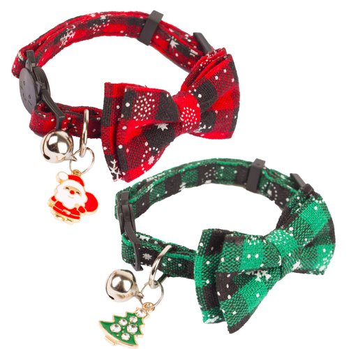 ADOGGYGO Christmas Cat Collar Breakaway with Cute Bow Tie Bell - 2 Pack Kitten Collar Red Green Plaid Xmas Kitten Collar with Removable Bowtie Cat Bow Collar for Cats Kittens (7.5"- 10.5", Red&Green)