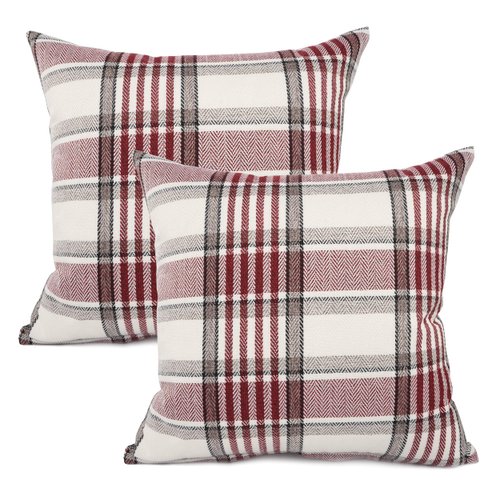 YOUR SMILE Set of 2 Retro Farmhouse Christmas Outdoor/Indoor Buffalo Tartan Chequer Stripe Plaid Cotton Linen Decorative Throw Pillow Case Cushion Cover Pillowcase for Sofa Chair,Red, 22x22inch