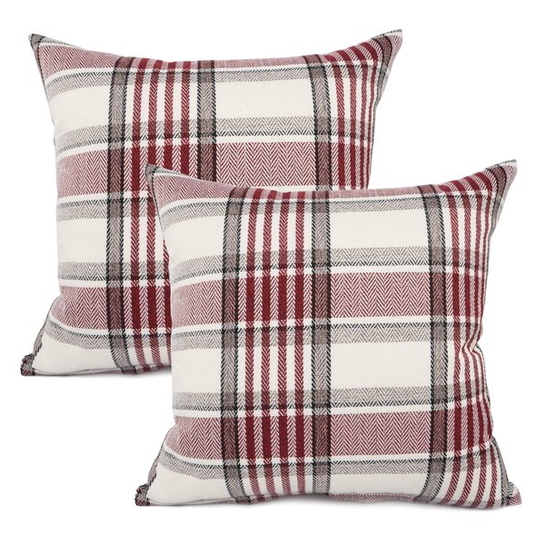 YOUR SMILE Set of 2 Retro Farmhouse Christmas Outdoor/Indoor Buffalo Tartan Chequer Stripe Plaid Cotton Linen Decorative Throw Pillow Case Cushion Cover Pillowcase for Sofa Chair,Red, 22x22inch