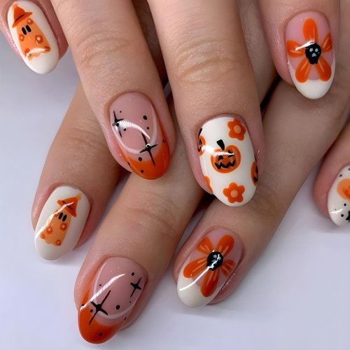 Halloween Nails Press on Halloween Fake Nails with Designs Short Almond Shape Glue on Nails Pumpkin Ghost Flower Print Acrylic Full Cover French Halloween Press on False Nails for Women Girls 24PCS