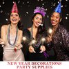 Foilswirl 120 Pcs New Years Eve Party Supplies 2025 Happy New Year Cone Hats Glitter Headband Tiara Beaded Necklace Tassel Squawkers Curled Squawkers(Red, Green, Gold, Blue, Purple, Silver)