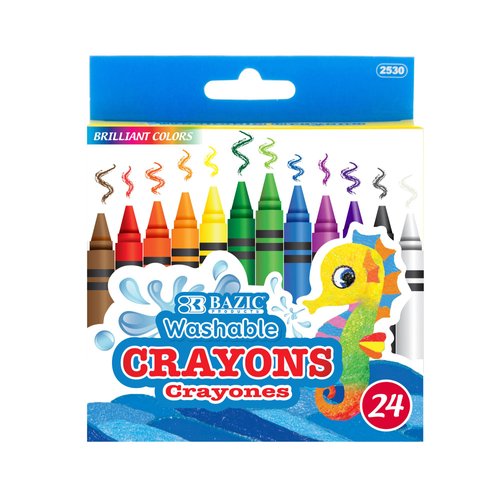 BAZIC Washable Crayons 24 Color, Coloring Drawing Assorted Colors Crayon, Non Toxic, for School Art, Gift for Kids Artist (24/Pack), 1-Pack