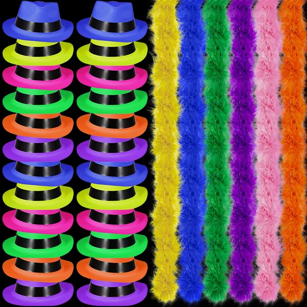 JaGely 48 Pcs Neon Party Supplies for Adults 24 Pcs Feather Boas 24 Neon Hat Glow for Karaoke Birthday Carnival Hora Loca(Color)