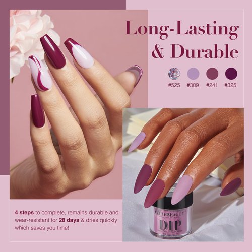 AZUREBEAUTY Dip Powder Nail Kit Fall Winter Dark Purple Lilac Purple Glitter 4 Colors Nail Dip Powder Starter Set Essential Dip Liquid Set with Base/Top Coat Activator for French Art Manicure DIY Gift