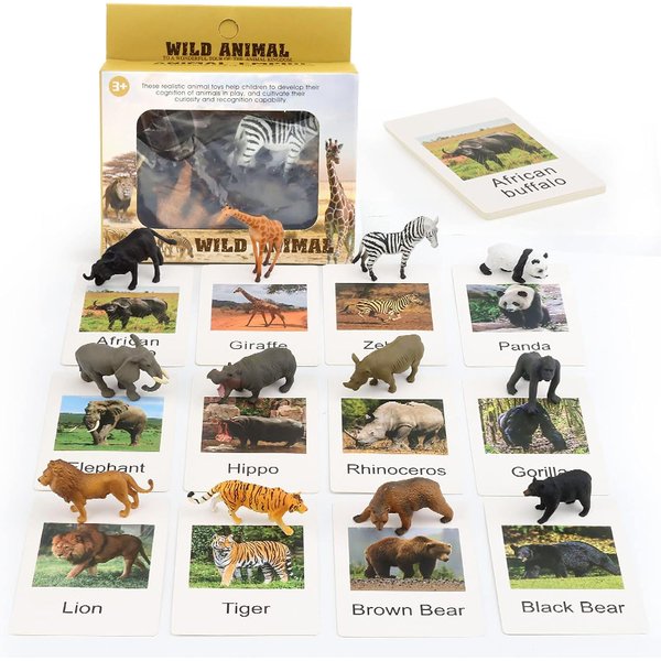 12 Preschool Science Toys - Montessori Materials with Animal Matching Figures Flash Cards, Animals Figurines for Toddlers(Zoo)