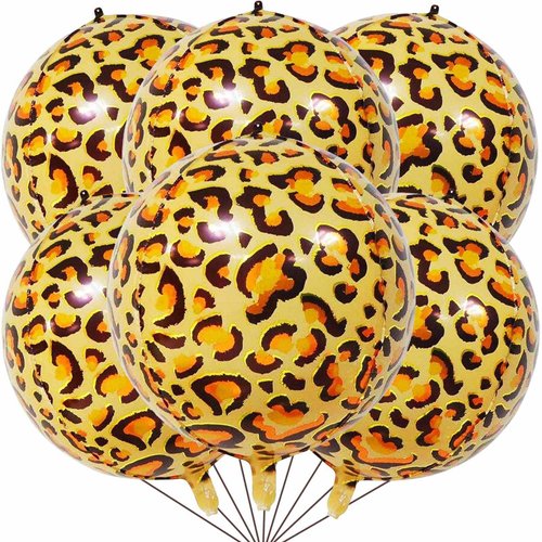 6 Pcs Leopard Balloons 22 Inch, Big 4D Round Leopard Pattern Print Balloons Mylar Foil Cheetah Balloons for Jungle Animals Zoo Theme Birthday Party Decorations Supplies