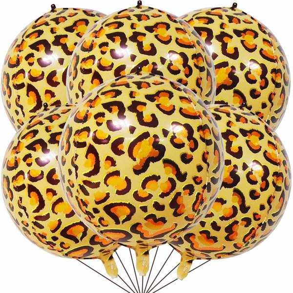 6 Pcs Leopard Balloons 22 Inch, Big 4D Round Leopard Pattern Print Balloons Mylar Foil Cheetah Balloons for Jungle Animals Zoo Theme Birthday Party Decorations Supplies