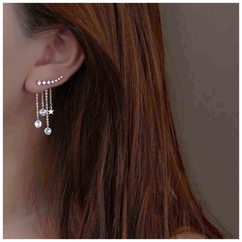 Yheakne Boho Star Ear Jacket Earrings Silver Cz Star Ear Climber Earrings Crystal Chain Tassel Earrings Crystal Ear Crawler Long Chain Earrings Jewelry for Women Gifts (Silver)