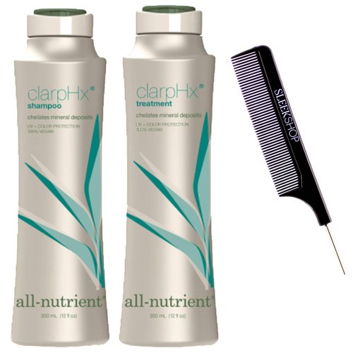 All-Nutrient ClarpHx Shampoo & Conditioner DUO SET, Chelates Hair Mineral Deposits for Pool & Well Water Exposure (w/Comb) Clarifying UV+ Protection, 100% Vegan (12 oz + 12 oz DUO KIT)