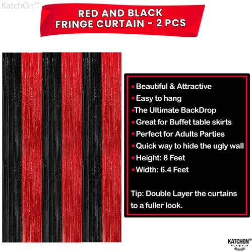 KatchOn, Red and Black Fringe Curtain - 3.2x8 Feet Pack of 2 | Red and Black Party Decorations | Halloween Backdrop for Halloween Decorations | Casino Theme Party Decorations
