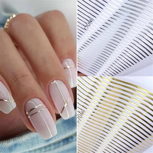 Gold Silver Lines Stripe Nail Art Sticker Decals 3D Metal Strip French Design Nail Decals Self-Ad...