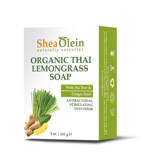 Shea Olein Natural Bar Soap - Organic Thai Lemongrass Soap Bar, Antibacterial & Anti Odor, With Tee Tree & Ginger Root - Refreshing Lemon Bar Soap for Balanced Skin PH (5 oz, 6 Bars)