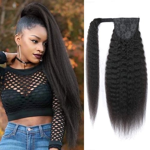 Kinkys Straight Hair Extensions Natural Black Clip with Magic Paste Ponytail Remy Human Hair Extensions 130G/Set Afro Kinky Straight Wrap Around Human Hair Ponytai Wrap Around Ponytail 18 Inch