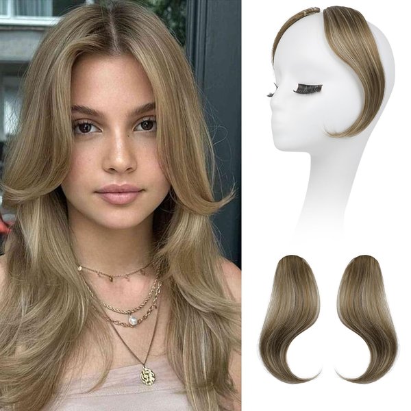REECHO Bangs Hair Clip in Bangs, 2 PCS Face-Framing Classic Curtain Bangs Fringe Fake Bangs Hairpieces for Women Daily Wear - Ash Brown with Highlights