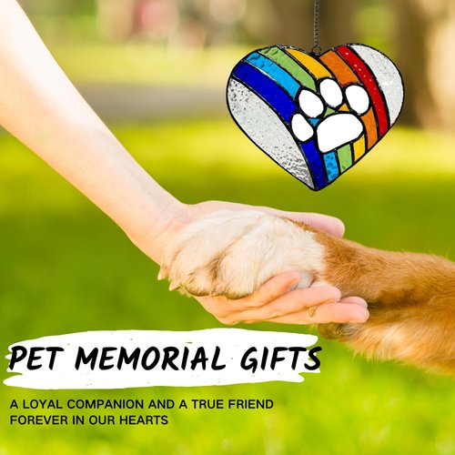LASTINGTAILS Rainbow Bridge Dog Memorial Gifts – Stained Glass Heart Paw Print Suncatcher for Loss of Dog Sympathy Gift, Pet Remembrance and Dog Passing Away Gifts