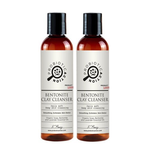 Probiotic Action Bentonite Clay Pack of 2 Bottles - Natural Light Gel Cleanser with Bentonite Clay. Detoxify, exfoliation, and pore tightening by drawing out impurities