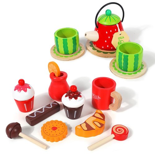JAUNTY Tea Party Set Toy for Little Toddler Girl 3 4 5 6 Years Old, Wooden Tea Set Pretend Role Play Kitchen Toy with Carrying Case, 3-5 Year Old Kids Girls Boys Birthday