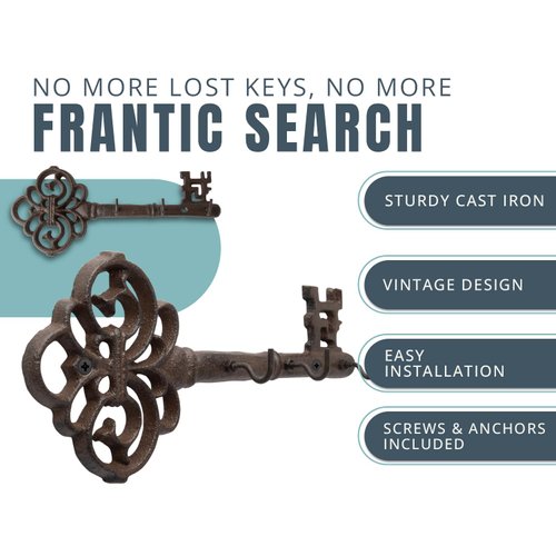 Comfify Key Holder for Wall - Cast Iron Skeleton Key - Decorative Farmhouse Rustic Wall Mount Key Organizer - 3 Key Hooks - Vintage Key Rack for Entryway with Screws & Anchors – 10.8 x 4.7