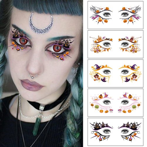 10 Pairs Halloween Eye Shadow Temporary Tattoo Stickers Colorful Eyeliner Stickers Waterproof Fake Tattoos Pumpkin Bat Ghost Makeup Transfer Eyeshadow Stickers Face Decorations for Carnival Party