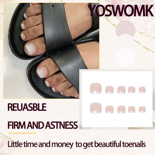 YOSOMK Ombre Pink French Tips Press on Toenails Gradient Short Toe Nail Tips Press ons White Pink Glue on Fake Toe Nails Nude Square Summer False ToeNails for Women 24Pcs