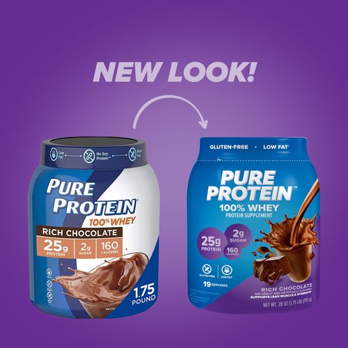 Pure Protein Powder - Whey, High Protein, Low Sugar, Gluten-Free, Chocolate - 1 lb (Packaging May Vary)