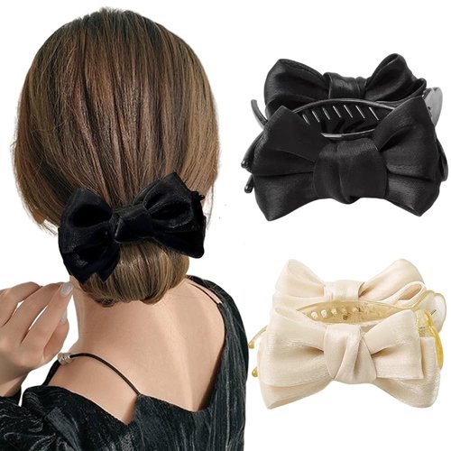 MEEKEST Bun Claw Clips for Women Girls, 2 Pack - Black/White, Bowknot Hair Bun Maker, Lace Bow Hair Clips with Bows Ponytail Holder Nonslip Hair Accessories