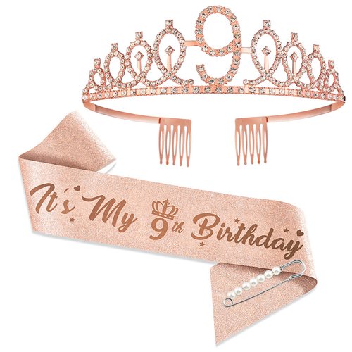 9th Birthday Tiaras and Crowns for Women Girls, Birthday Decorations Rose Gold Sash Crystal Tiara Party Supplies