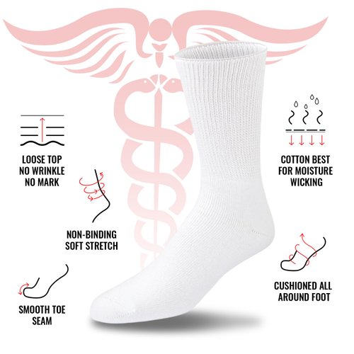 12 Pairs of Premium Cotton Loose Top Diabetic Neuropathy Crew Socks (10-13, White)