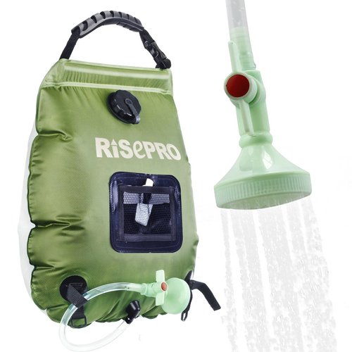 RISEPRO Solar Shower Bag, 5 gallons/20L Solar Heating Premium Camping Shower Bag Hot Water with Temperature 45°C Removable Hose on/off Switchable Shower Head Hiking Climbing Summer Shower K8