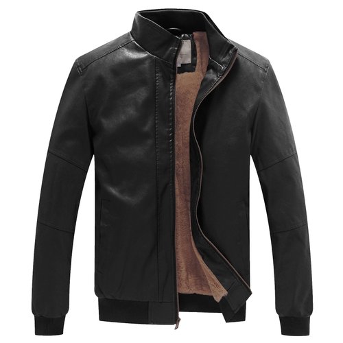 WenVen Men's Stand Collar Leather Jacket Motorcycle Coat Black M