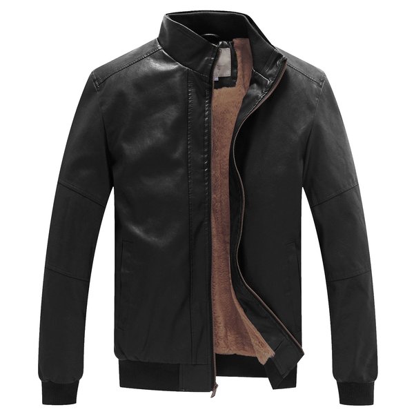 WenVen Men's Stand Collar Leather Jacket Motorcycle Coat Black M